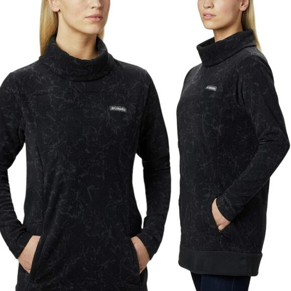 Columbia Tops - Columbia Ali Peak Fleece Cowl Neck Tunic Pockets - Black Brush Floral Print - S